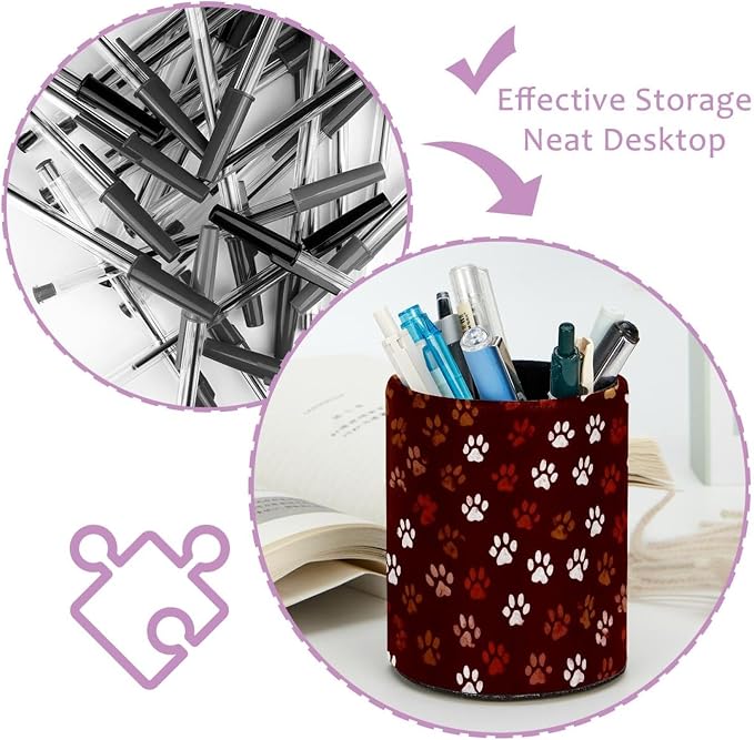 Faux Leather Pen Holder for Desk, Pencil Organizer Pet Paws Pen Cup Desk Decor Makeup Brush Holder Storage for Office Home