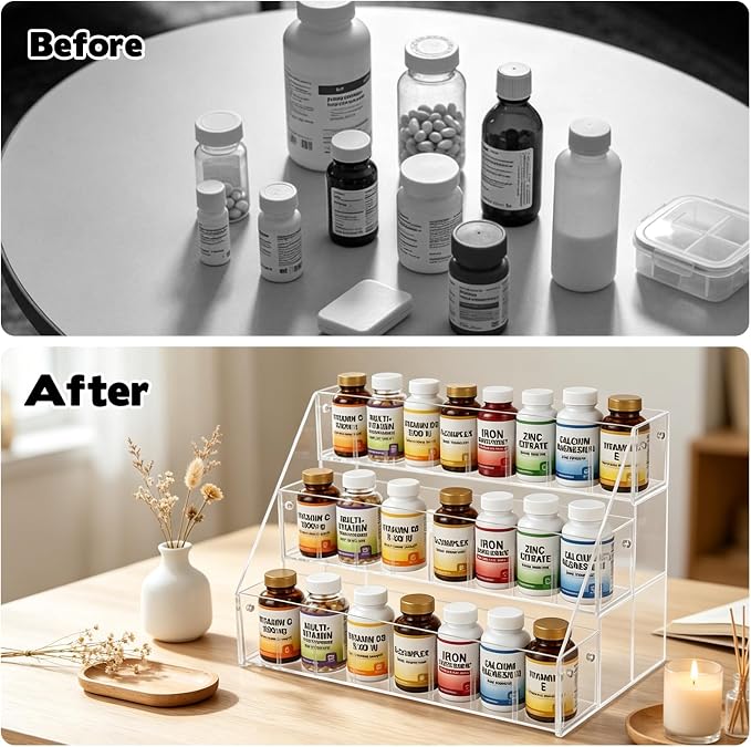 Rainmae 3-Tier Vitamin Storage Organizer, Medicine Cabinet Organizer, Pill Bottle Organizer, Medicine Bottle Organizer for Countertop, Shelf for Vitamin Bottles Pills Medical Supplies Bathroom Cabinet