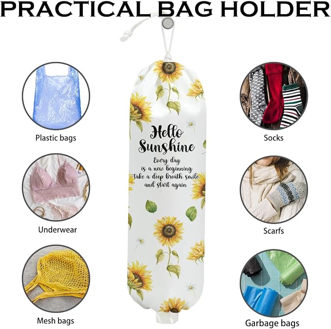 Sunflower Plastic Bag Holder for Kitchen Essentials, Hello Sunshine | Wall Mount Grocery Bag Holder for Plastic Bags, Sunflower Reusable Grocery Bags Storage Dispenser for Home Kitchen Pantry