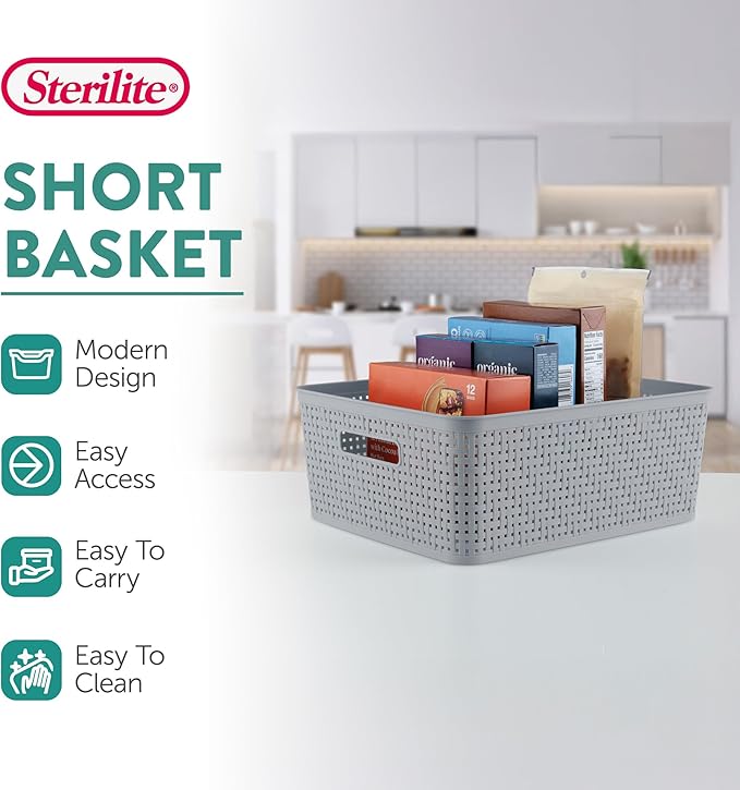 Sterilite 18 Pack Plastic Storage Bin Organization Containers, Short Baskets, Cement