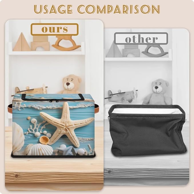Ocean Shells Starfish Storage Bins With Zipper Lid, Collapsible Trunk Organizer, Car Organizers and Storage Bins with Lids, Decorative Storage Boxes with Handle, Home Storage Baskets for Organizing