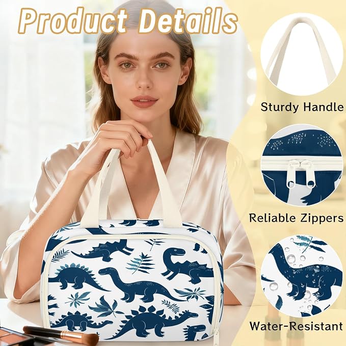Cute Dinosaur Silhouette Travel Toiletry Bag with Handle | Wet & Dry Separation, Full-Size Bottle Friendly, Leak-Proof, Waterproof, Easy to Clean, for Travel, Gym, Home