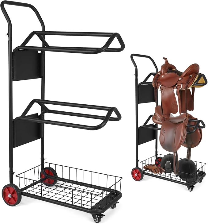 Saddle Rack Cart Rolling with Storage Basket 3 Tier Heavy | Heavy Duty Organizer for Stable Barn Tack Room Moving Transport Supplies