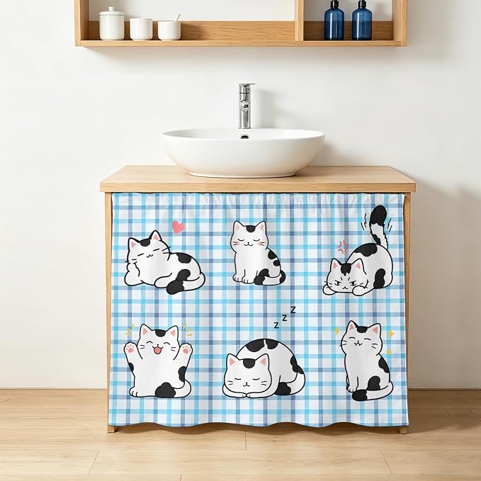 Cute Cat Sink Skirt 11"Wx13"L,Dustproof Under Sink Curtain with Self Adhesive Tape,Modern Playful Pet Cats Blue Purple Plaid Cabinet Curtain Cover for Bathroom Vanity,RV,Kitchen Cabinet Storage Shelf