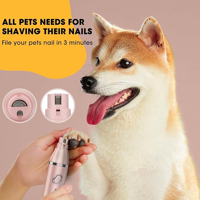 QREEYX Upgrade Dog Grooming Kit, Cordless Dog Paw Trimmer, 4 in 1 Low Noise Pets Hair Clipper Grooming Kit, 2-Speed Nail Grinder with Stainless Steel Blade for Small Pet with Thick Coats (Pink)