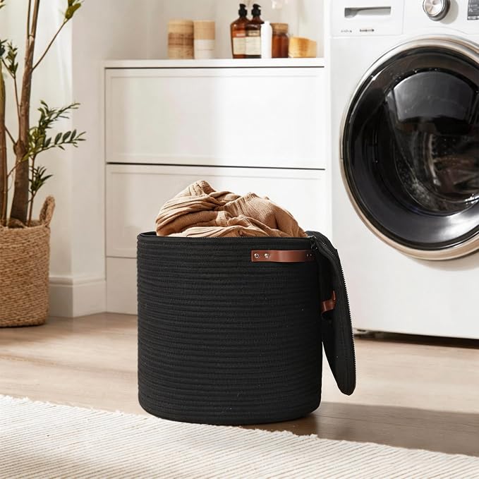 Storage Basket with Lid, 15"x13" Round Woven Blanket Storage for Living Room, Decorative Cotton Rope Hamper with Zipper Top, Black Laundry Basket with Lid, Floor Covered Kids Dog Toy Bin Box