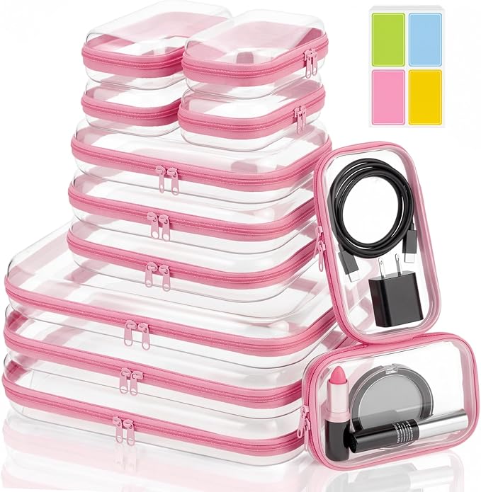 12 Pack Clear Hard Shell Zipper Case with 40 Labels, X-Large/Medium/Small Stackable Clear Pouches, Crush-resistant Travel Toiletry Bag Organizer for Makeup Board Games Electronics (Pink)