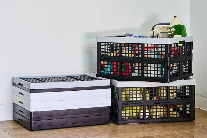 Aebeky 3-Pack Plastic Collapsible Storage Crates-30L,Foldable Plastic Crates for Storage (Black+Gray)