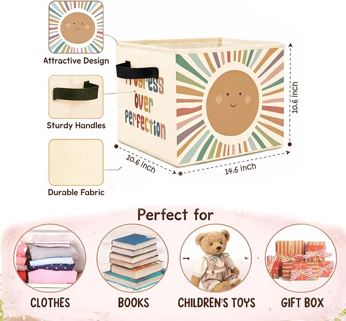 Progress Storage Bin, Foldable Fabric Basket for Kids Room Nursery | Foldable fabric storage bin with rainbow progress quote design for toys, books, clothes, nursery, bedroom, and playroom use.