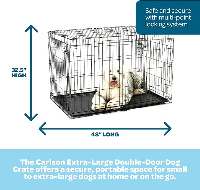 Carlson Pet Products Double Door Metal Dog Crate with Divider, Extra-Large 48" Dog Crate for Large Dogs, Foldable Collapsible Dog Kennel with Removable Tray, Wire Dog Cage for Training & Travel