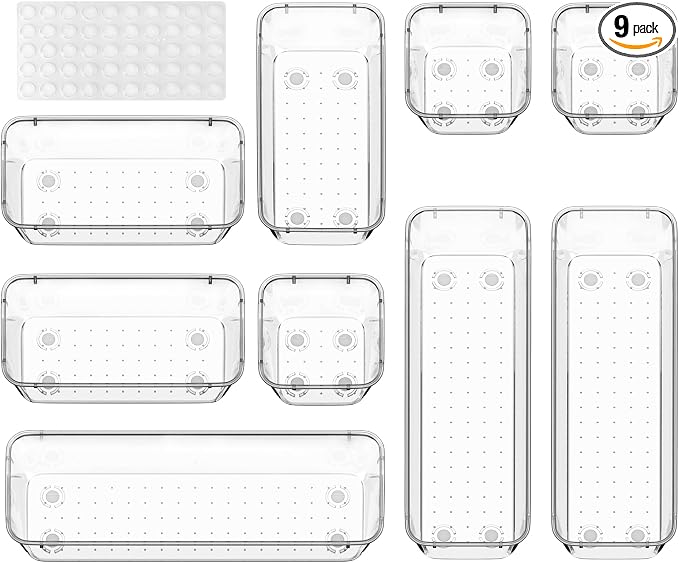 ValueMax 9PCS Clear Drawer Organizer Set with Non-Slip Pads, 3 Sizes | Clear PET Drawer Organizers, Non-Slip Pads, Stackable Design, 3 Sizes for Neat Customizable Storage