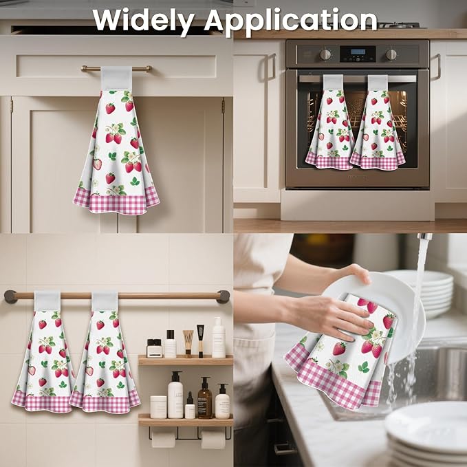 CUTHOLLOW Strawberries Hanging Kitchen Towels with Loop, Set of 2 - Soft & Super Absorbent Microfiber Decorative Hanging Dish & Hand Towel, Tea, Coffee Towel for Kitchen Bathroom Oven Handle