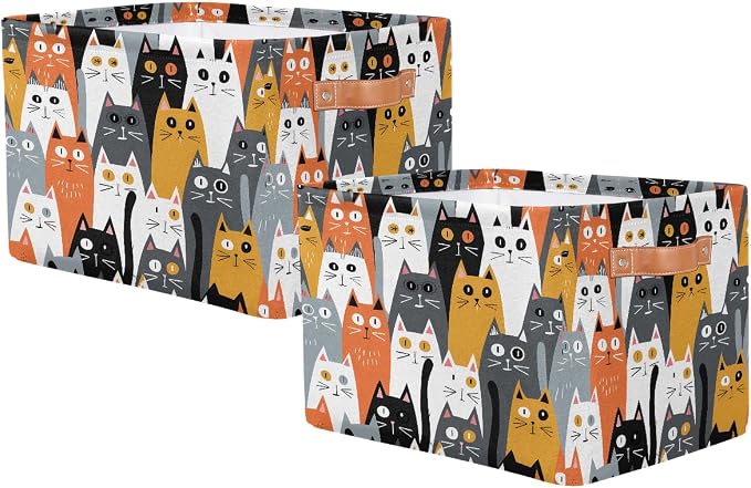AUUXVA Storage Basket Cute Animal Cat Pattern Storage Cube Box Durable Canvas Collapsible Toy Basket Organizer Bin with Handles for Shelf Closet Bedroom Home Office