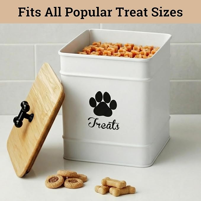 Dog Treat Container Airtight, 6"W x 8"H, Powder Coated, 12 Cup Capacity | Fits All Popular Treats, 12 Cup Capacity, Airtight Bamboo Lid, Easy Open Lid, Dent-Resistant Durable Metal Bone-Shaped Handle