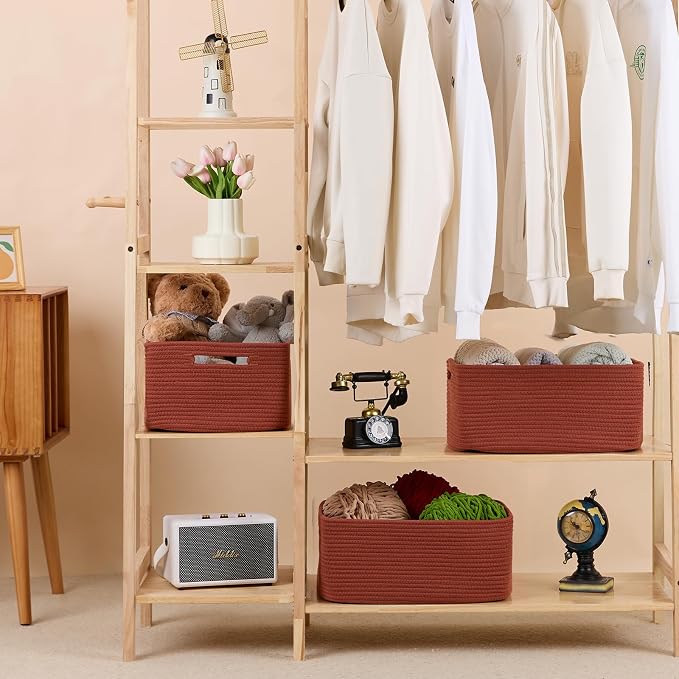 MiniArk Large Storage Baskets for Organizing, 17 x 13 x 7.5” Closet Shelf Baskets for Clothes Blanket Towels, Baby Nursery, Toy Bins Box, Woven Rope Baskets, 4 Packs Oxide Red