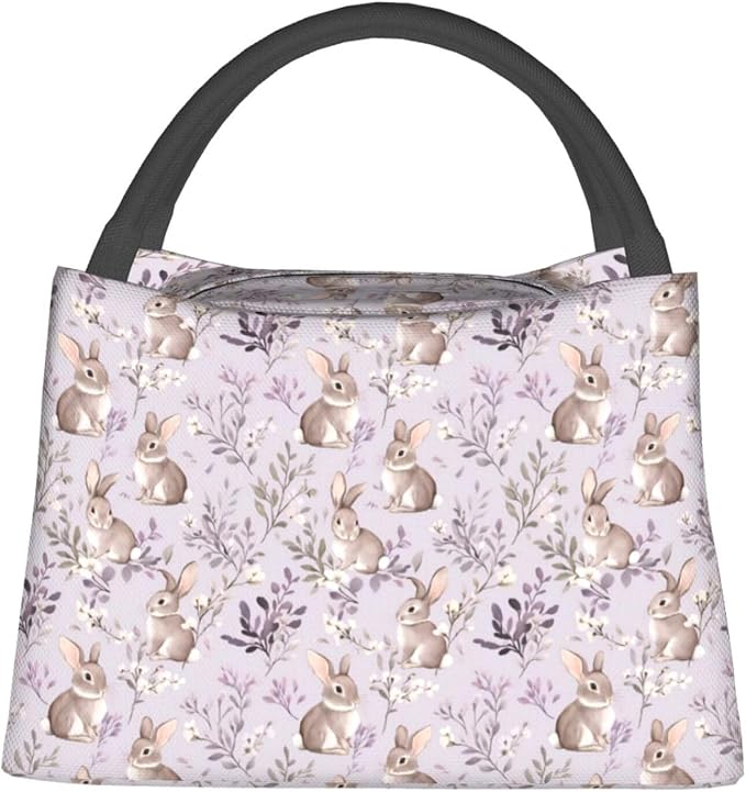 Cute Bunny Insulated Lunch Box for Girls Women,Reusable Tote Bag with Adorable Rabbit and Lavender Floral,Portable Lunchbox Handbag,Makeup Bags Organizer Gifts for Work Travel,11x6.3x6.7in