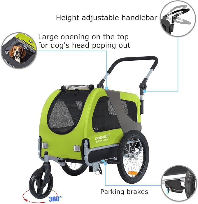 DOGGYHUT® Premium M Pet Bike Trailer & Stroller Up to 50 lbs (Lime Green) | Bicycle Trailer for Small or Medium Dogs, Dog Bicycle Carrier, Low Center of Gravity, Folding Frame Cart