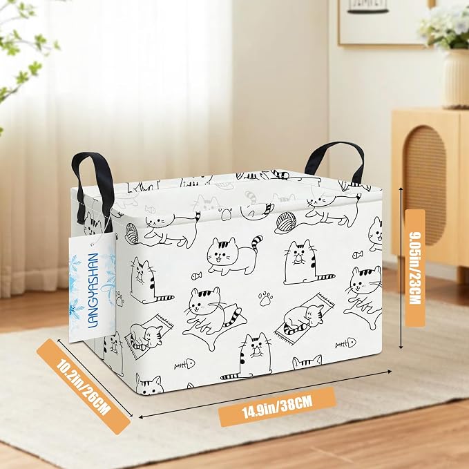 Rectangular Collapsible Cat Storage Basket Nursery Toy Organizer | Storage Bin Foldable Canvas with Handles for Organizing Home Kitchen Children Toys Office Closet Shelf Baskets