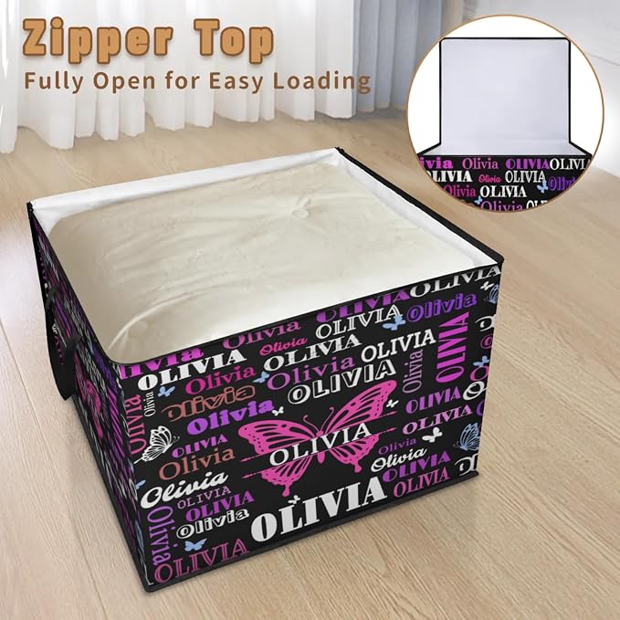 Personalized Extra Large Storage Basket with Lid, Comforters, Bedding Toys Black with Pink Purple Butterflies Storage Bin for Home, Collapsible Basket for Clothes, Moving, Car Trunk