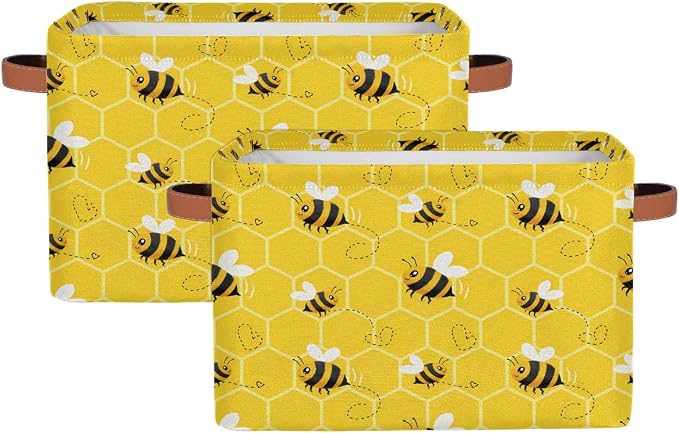 AUUXVA Storage Basket Yellow Bee Storage Cube Box Set of 2 Durable Canvas Collapsible Toy Basket Honeycomb Beehive Organizer Bin with Handles for Shelf Closet Bedroom Home Office