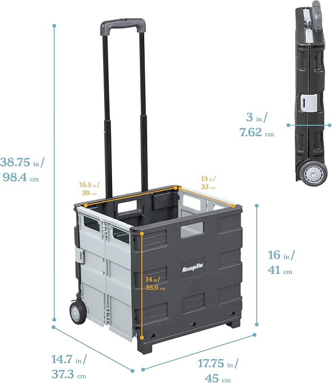 ECR4Kids Universal Collapsible Rolling Utility Storage Cart, Black | Durable plastic, adjustable handle, 40 lb capacity, collapses to 3" thick for storage, rolling wheels for easy transport