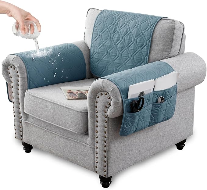 Recliner Armrest Cover with Headrest, Chair Armrest Slipcover with Side Pockets, Water-Resistant, Non Slip Furniture Protector for Pets (Gray Blue,3 Seater 5PCS)