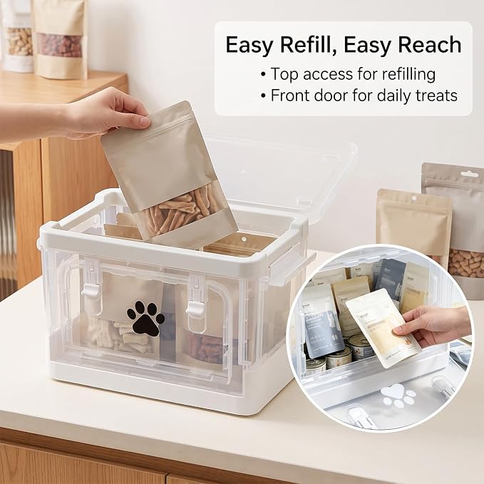 Collapsible Dog Storage Organizer, Clear Dog Treat Container with Cover, Plastic Pet Stuff Organizer with Front Opening Door, Ideal for Organizing Dog Cat Snack, Toys, Supplements, Can Food