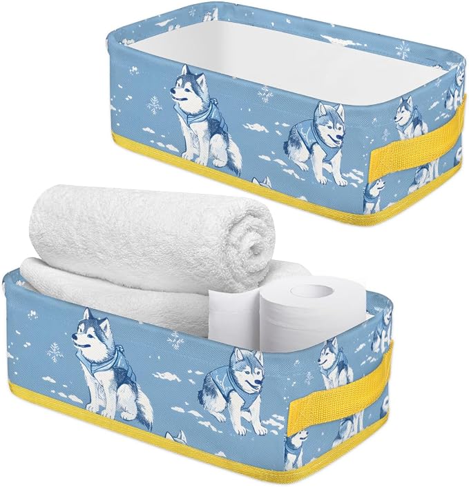 Wolf Winter Blue Cold Bathroom Storage Basket, Foldable with Handle Open Countertop Paper Towel Decorative Box, Toilet Tank Top Shelf Baskets for Home Closet Bedroom Living Room Office