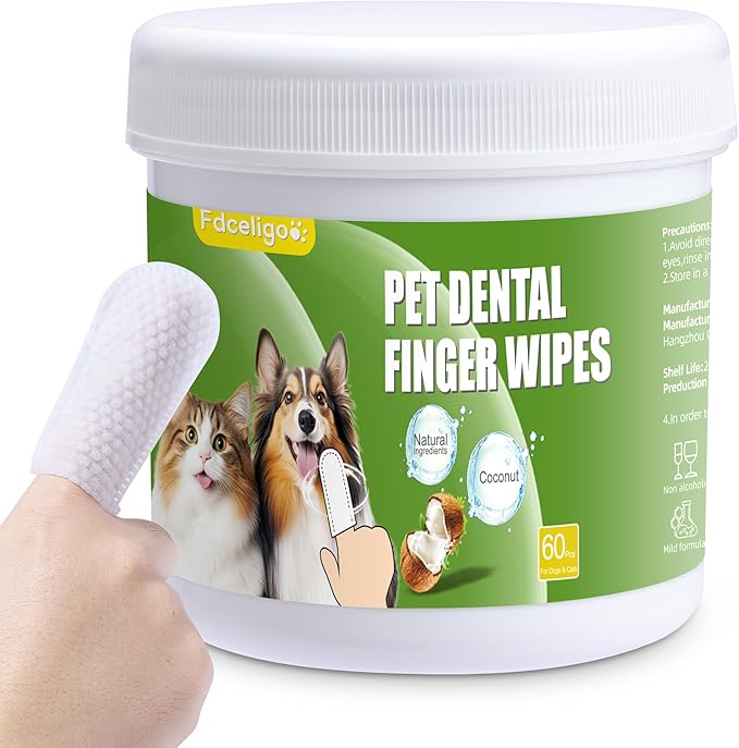 Dog Dental Care Wipes - Dog Teeth Cleaning Wipes & Pet Teeth Cleaning Wipes for Dogs & Cats - Reduces Plaque, Freshens Breath - Easy-to-Use Dog Dental Care Solution (60 PCS, Coconut)