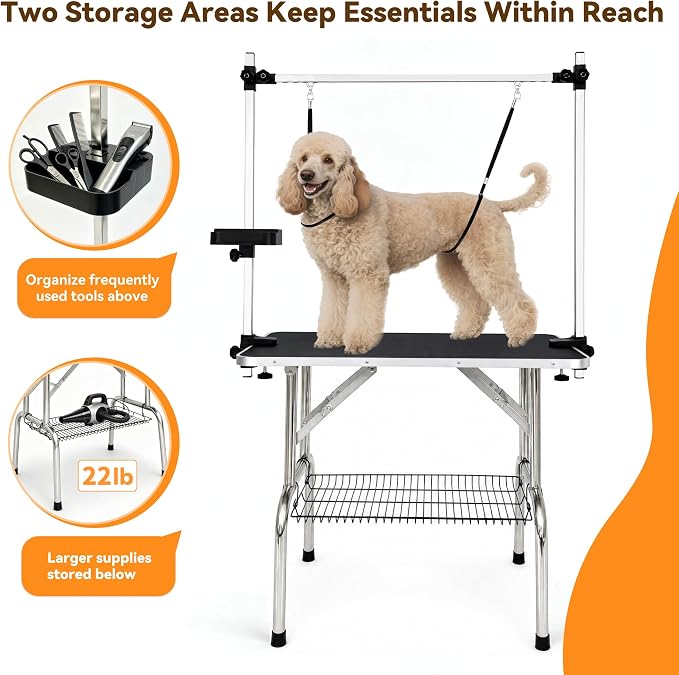 36" Foldable Dog Grooming Table with Adjustable H-Frame Arm & 2 Nooses, Heavy-Duty Stainless Steel Frame, Non-Slip Top, Tool Caddy and Mesh Tray, Black
