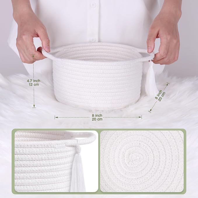 Small Gift Basket Empty to Fill with Gifts Bag & Ribbon, White | Cute Decorative Mini Woven Rope Basket with Handles for Gifting; Reusable for Bathroom Counter or Desk Catchall, 8 x 4.7 in