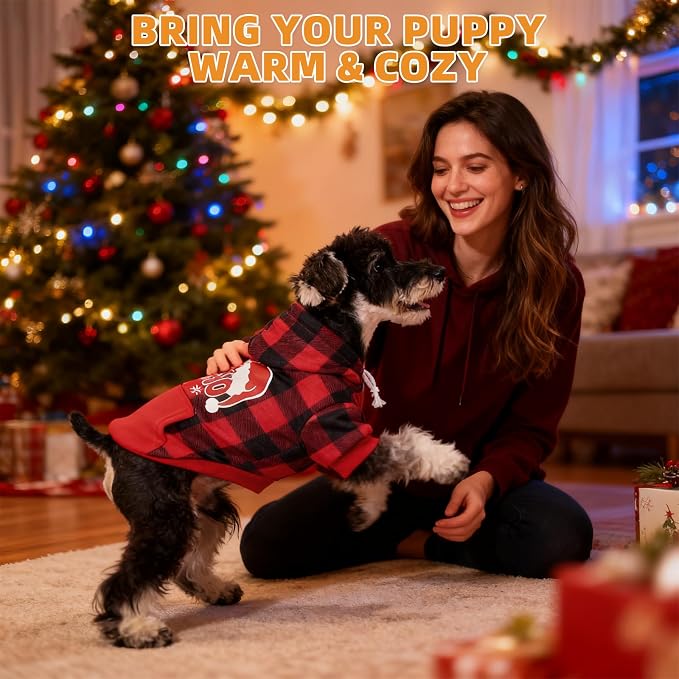 KOOLTAIL Christmas Dog Hoodie, Red Plaid Pet Sweater, Hat Hooded Sweatshirt Dog Clothes for Small Medium Large Dogs Boys Girls, Soft Warm Winter Cold Weather Coat with Leash Hole&Pocket, Santa, XL