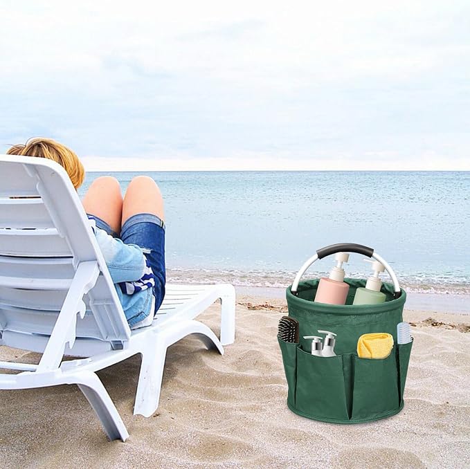 17L Portable Cleaning Bucket Organiser, 6 Pockets Foldable Cleaning Caddy with Handle Wearable Cleaning Caddy Bag for Outdoor Camping Garden Harvest Basket Home Bathroom Storage (Dark Green)