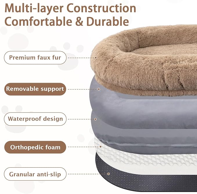 ROOMTEC Human Dog Bed, 78''x51''x12'' Size Fits Adult and Pet Washable Giant People Bed 10 CM Thick Memory Foam Large Oversize Pet Bed with Plump Pillow, Blanket, Strap - Khaki