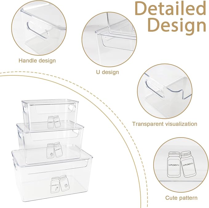 3 Pieces Supplement Bottle Organizer, Clear Plastic Vitamin Organizer with Lid and Handle, Stackable Pill Bottle Organizer, First Aid Box Empty for Vitamin, Medicine, Fish Oil & Supplements
