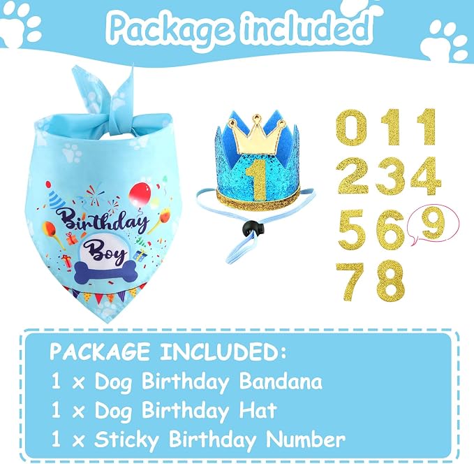 Rensh Dog Birthday Party Supplies, Dog Birthday Bandana Hat with Numbers for X-Large Large Small Pets, Multi Size Birthday Decorations for Dogs and Cats (Blue, Large)