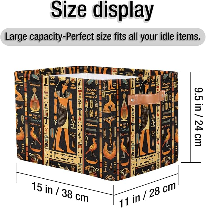Egyptian Writing People Cube Storage Bins for Shelves, 15x11x9.5 inch Fabric Closet Organizers with PU Leather Handles, Foldable Toy Storage Baskets for Bedroom, Playroom