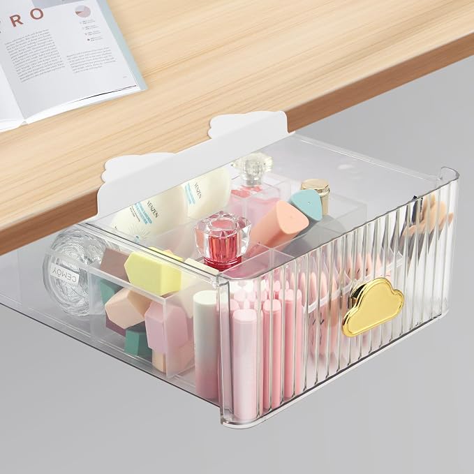 Under Shelf Drawer Pull Out Under Cabinet Storage, Clear Organizer for Closet Shelves with 16 Cells Detachable Divider, Self-Stick Under Table Drawer for Cabinet