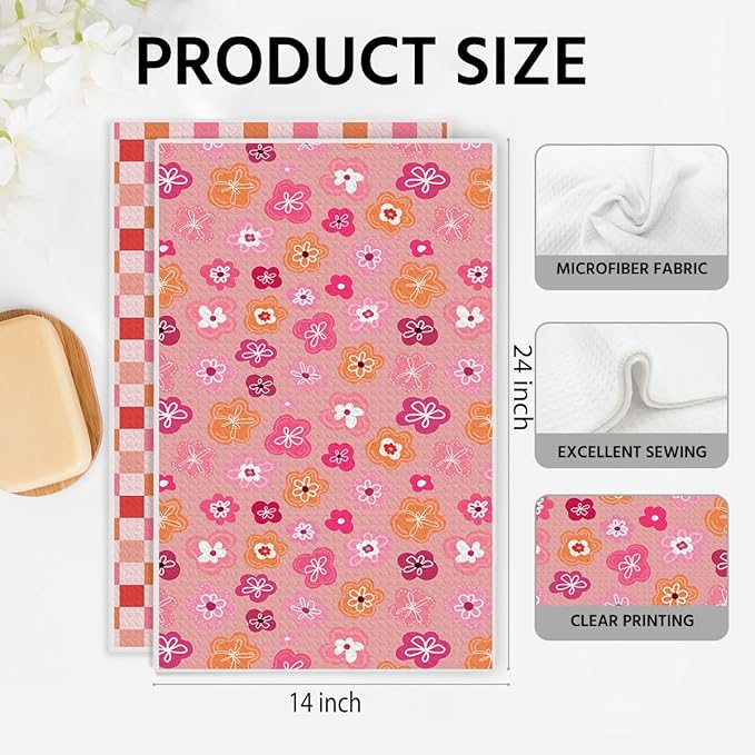 2PCS Abstract Flower Gingham Kitchen Towels 14x24 Inch, Absorbent Microfiber Decorative Dish Cloth Tea Towel, Floral Waffle Hand Towels for Kitchen Home Bathroom, Housewarming Gifts for Women
