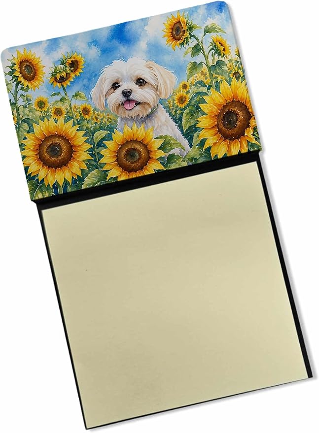 Caroline's Treasures Maltese in Sunflowers Watercolor Sticky Note Holder Refillable Dispenser Desk Accessory 3x3 Pad Gift
