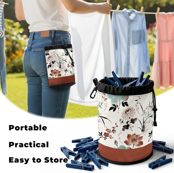 Lotus Chrysanthemum Laundry Peg Bag Organizer, Drawstring Clothespin Storage Pouch with Hanging Loop, Portable Clips Holder for Drying Rack, Camping Gear, Home & RV