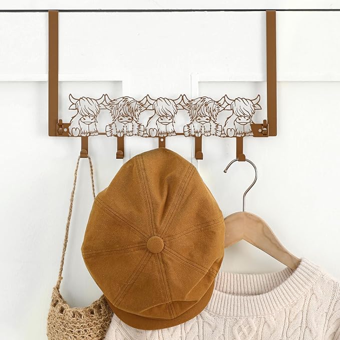 AceOrbit Highland Cow Over The Door Hooks Hanger 5 Hooks Rustic Decor | for Bedroom Bathroom, Organizes Towels Hats Clothes, Farmhouse Decor, Over the Door for Kids
