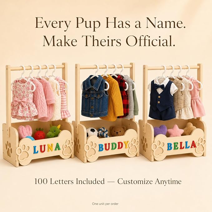 Dog Closet for Small Dogs, Wooden Clothes Rack with 10 Hangers & Toy Bin | Pulchrum personalized DIY name plate, pet apparel organizer for Chihuahua, Yorkie & Pomeranian, pet-parent gift, puppy stand