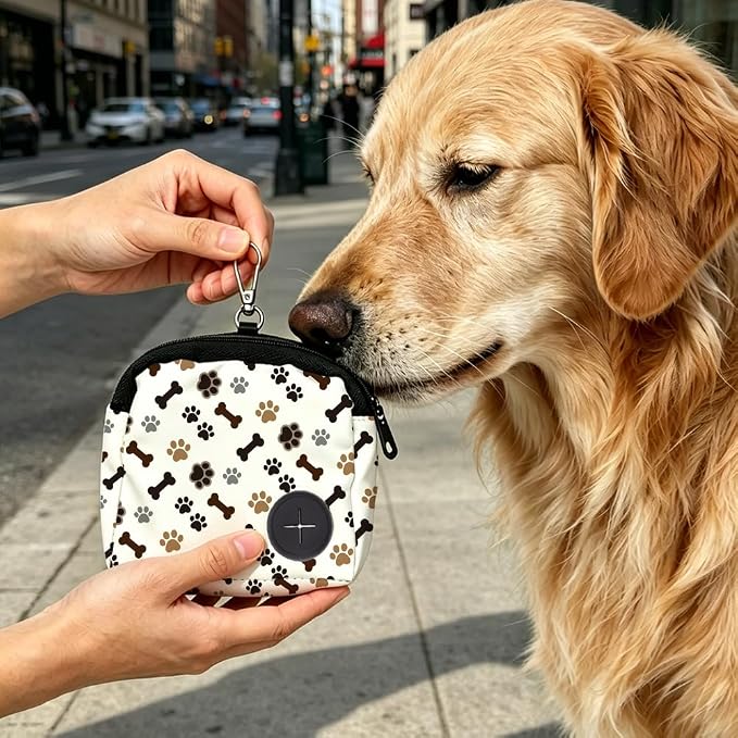 Dog Training Treat Pouch 5.12 x 4.72 Inch Clip on Pet Treat Bag Paw Print Pattern Polyester Portable Snack Reward Dog Food Dispensers with 1 Roll Garbage Bags for Traveling Outdoor Use