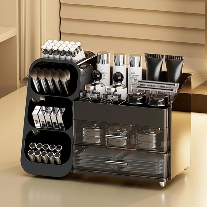 Makeup Organizer with Drawers, Large Capacity Countertop Organizers for Vanity,Bathroom and Bedroom Desk Cosmetics Organizer,Easy To Storage Skincare,Brushes,Lotions,Lipstick (Black)