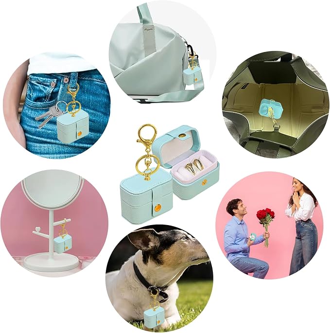 Wedding Ring Bearer Pillows Box for Dog Collar, PU Leather Travel Mini Ring Holder Pouch with Keychain Clip& Buckle Closure, Bridesmaid Gifts Jewelry Storage Case for Women Girls(Light blue)
