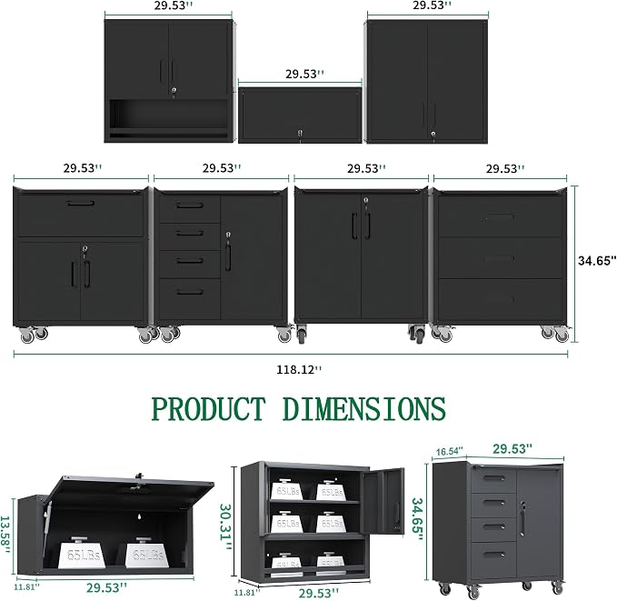 Metal Garage Storage Cabinets System, 7-Pcs Workshop Tool Cabinet Set,Black | Including 3 Pcs Wall Cabinets 4 Pcs Garage Tool Cabinets with Wheels,Assembly Required