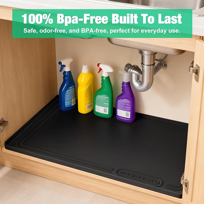 Aisslro Under Sink Mat 25" X 19", Waterproof Silicone Under Sink Mats for Kitchen, Anti-Leak Shelf Liner & Cabinet Protector with Raised Edge, [BPA Free] Bathroom Tray Home Organizer, Black | BPA-Free Raised-Edge Cabinet Protector & Leak Tray for Bathr...