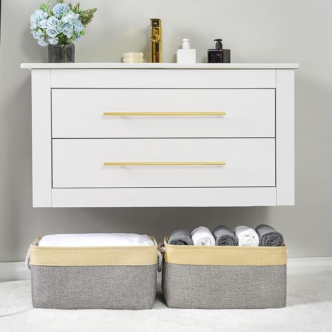Storage Basket - 15.7L×11.8W×8.3H 1 Pack Large Baskets for Organizing Shelves, Storage Bins for Clothes Book Shelf Home Fabric Storage Cubes (Gold and Grey)