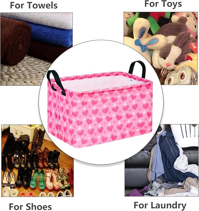 MAIZMZ Girls Storage Basket Heart Print Storage Cube for Women, Closet Shelf Organizer Bins Empty Gift Basket with Handles Girls Nursery hamper Kids Toys Books Box Room Deco